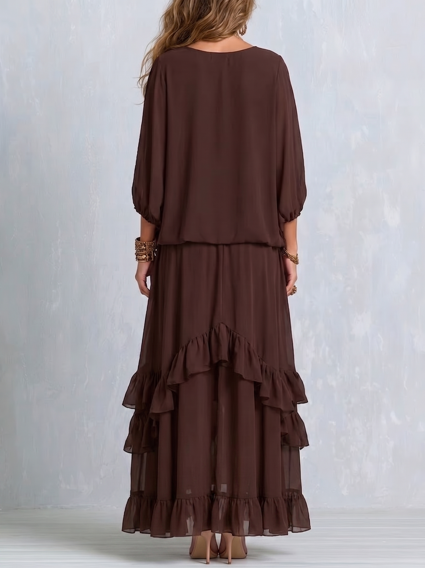 Women's V-Neck Tassel Drawstring Blouse and Ruffled Maxi Skirt Set