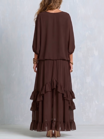 Women's V-Neck Tassel Drawstring Blouse and Ruffled Maxi Skirt Set