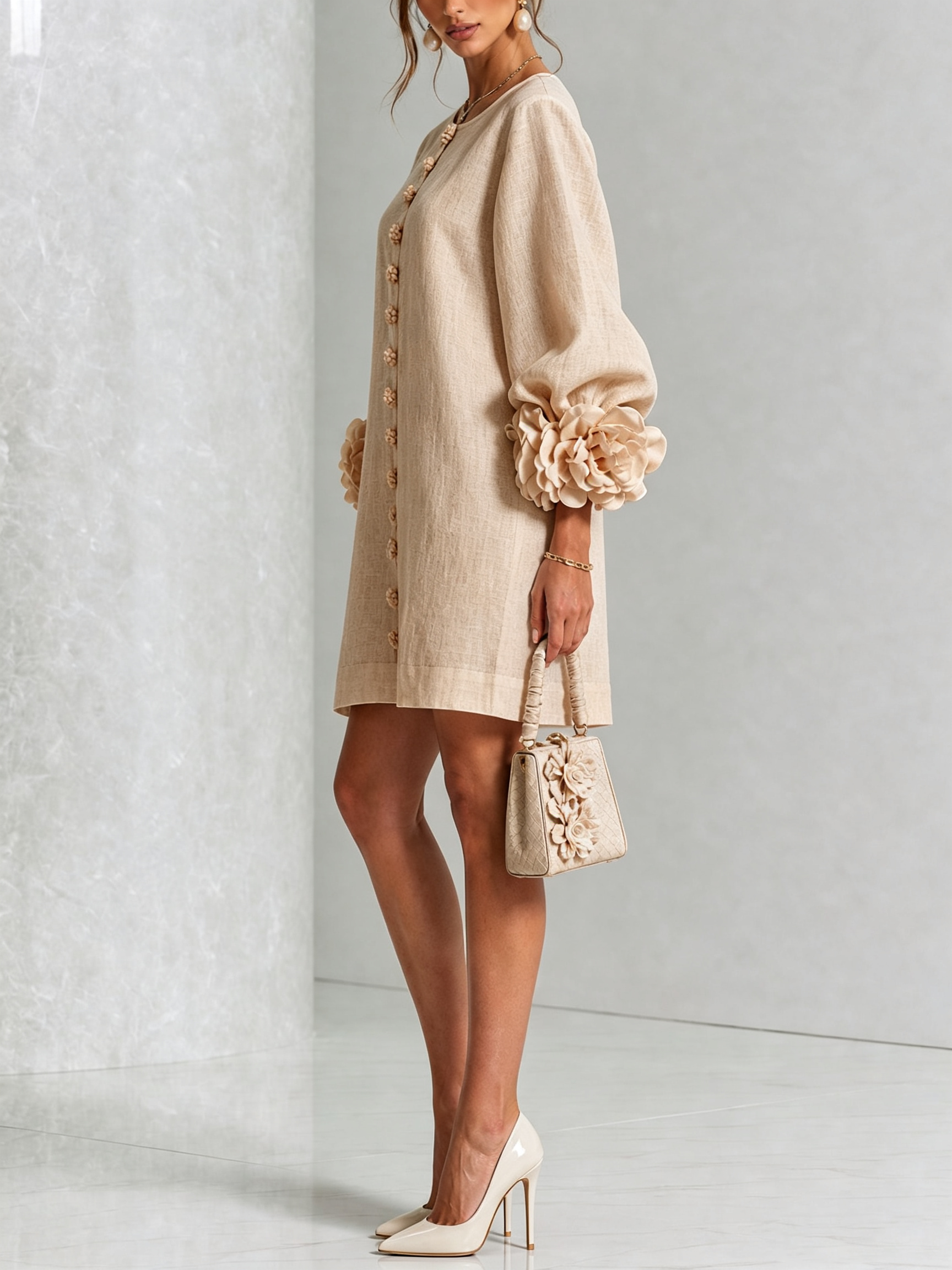 Round Neck Long Sleeve Button-Down Mini Shift Dress