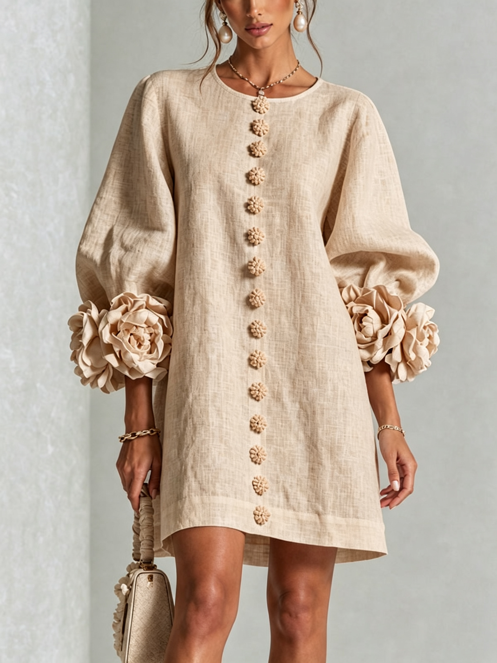 Round Neck Long Sleeve Button-Down Mini Shift Dress