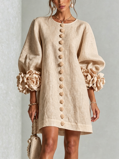 Round Neck Long Sleeve Button-Down Mini Shift Dress