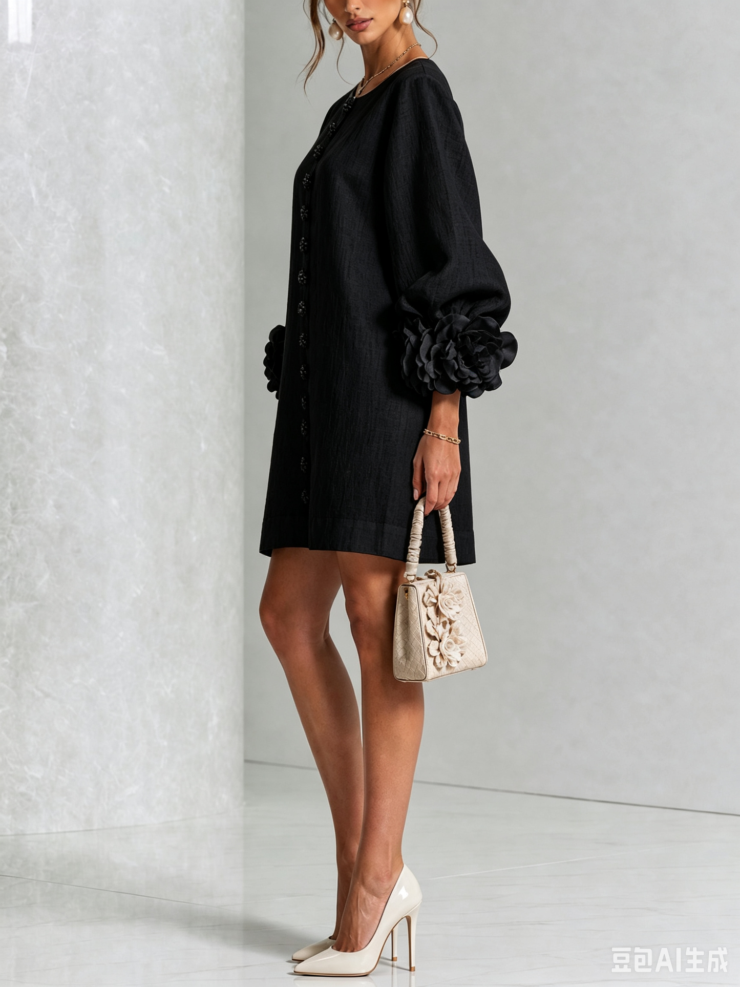 Round Neck Long Sleeve Button-Down Mini Shift Dress
