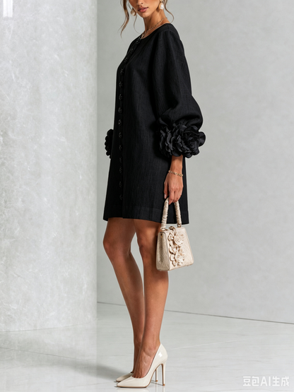 Round Neck Long Sleeve Button-Down Mini Shift Dress