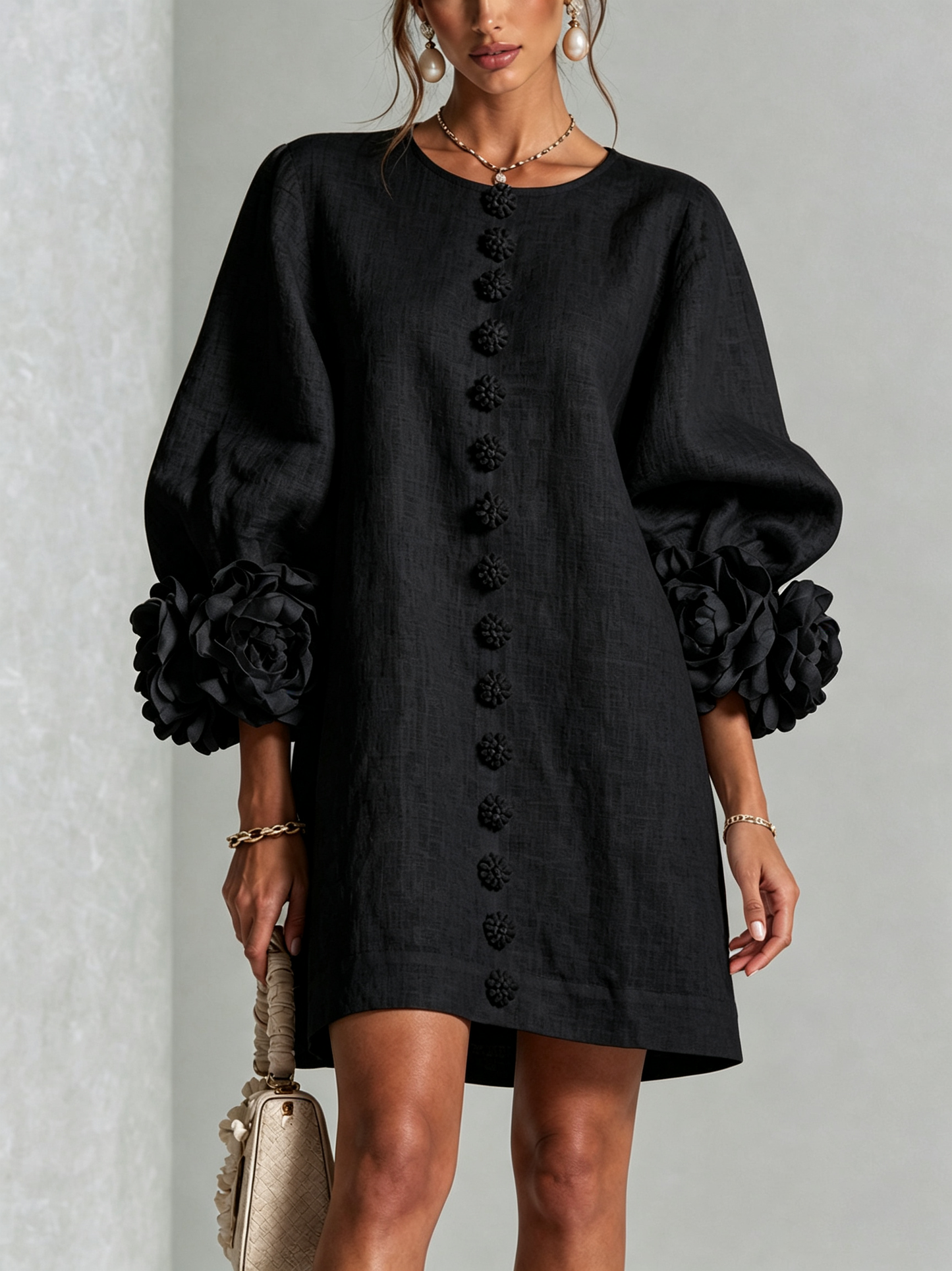Round Neck Long Sleeve Button-Down Mini Shift Dress
