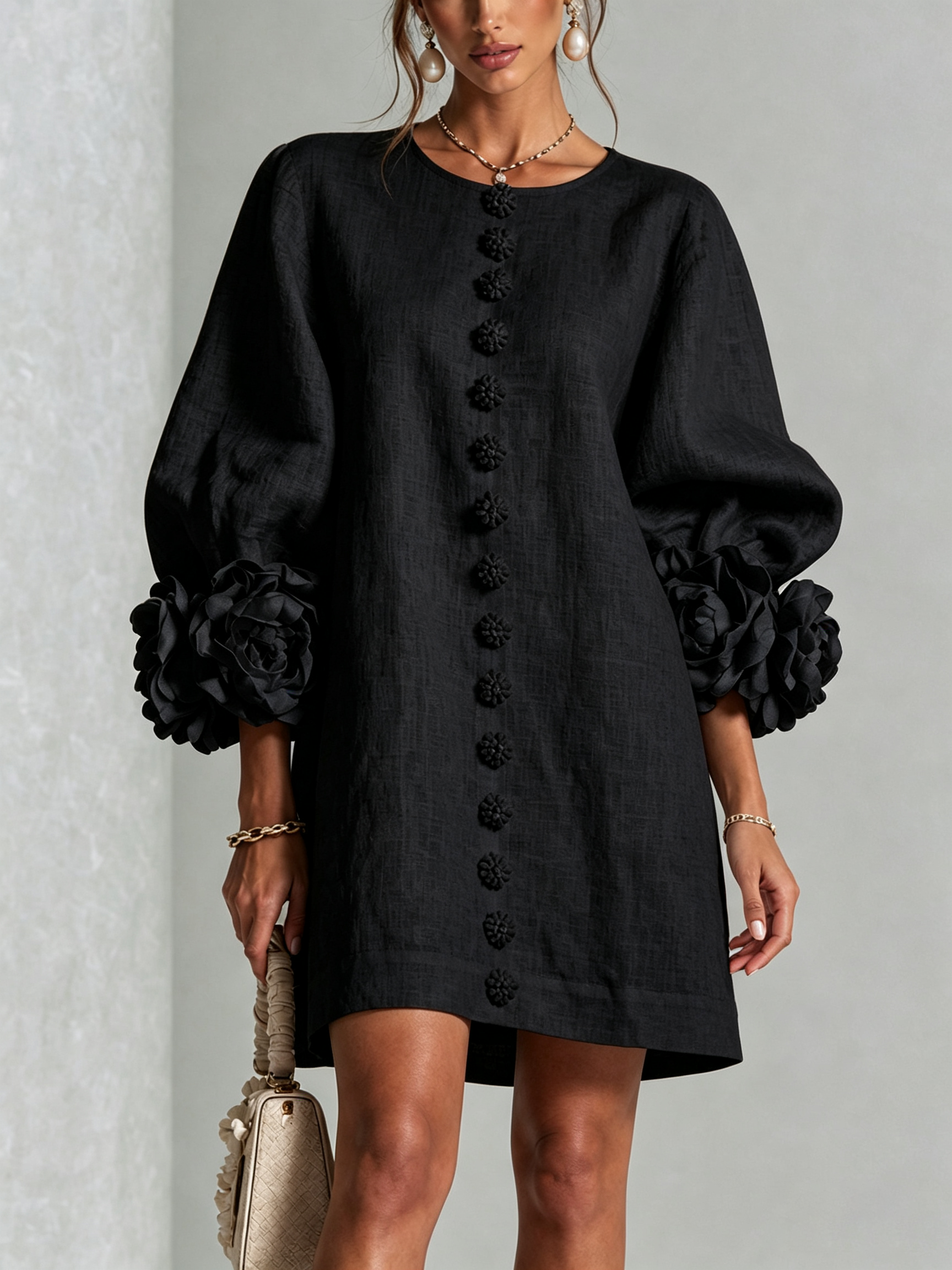 Round Neck Long Sleeve Button-Down Mini Shift Dress