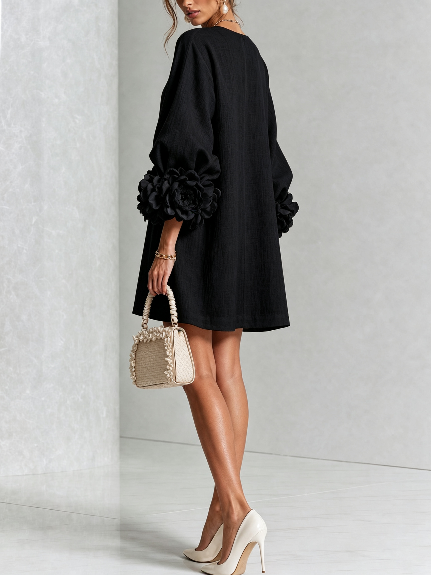 Round Neck Long Sleeve Button-Down Mini Shift Dress