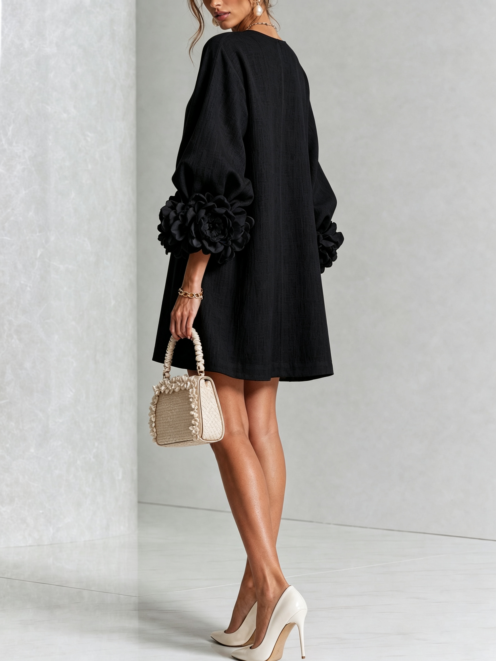 Round Neck Long Sleeve Button-Down Mini Shift Dress