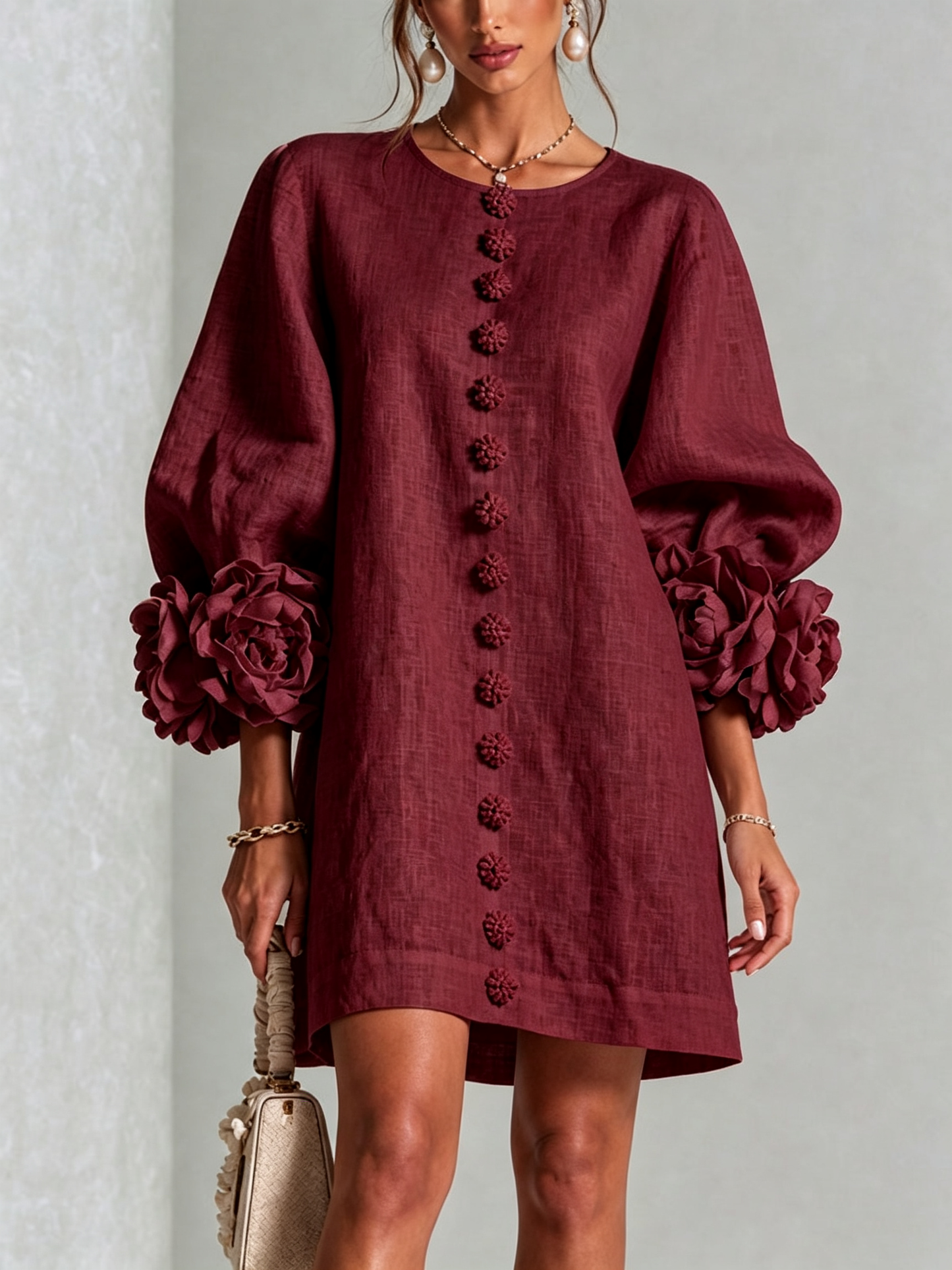 Round Neck Long Sleeve Button-Down Mini Shift Dress
