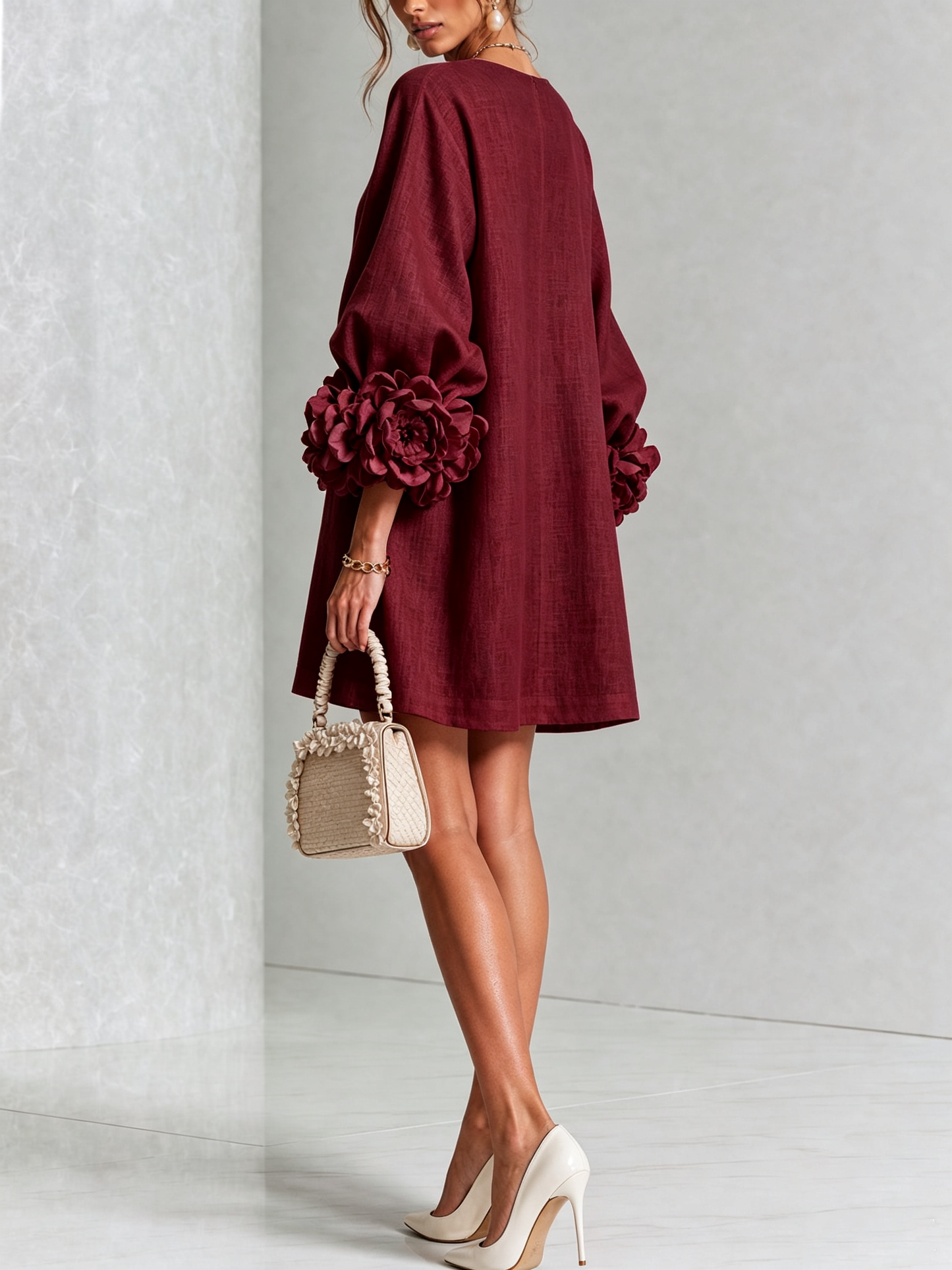 Round Neck Long Sleeve Button-Down Mini Shift Dress