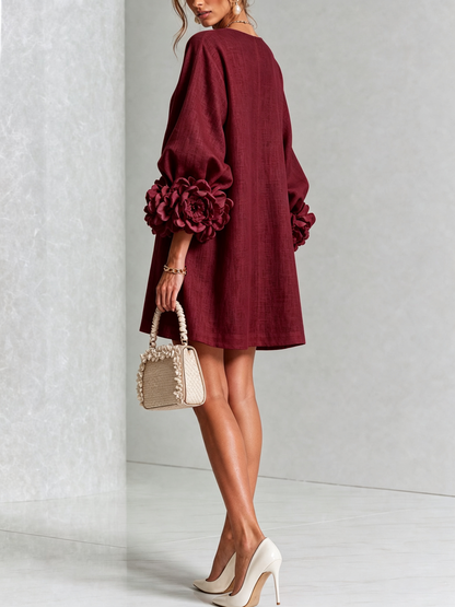 Round Neck Long Sleeve Button-Down Mini Shift Dress