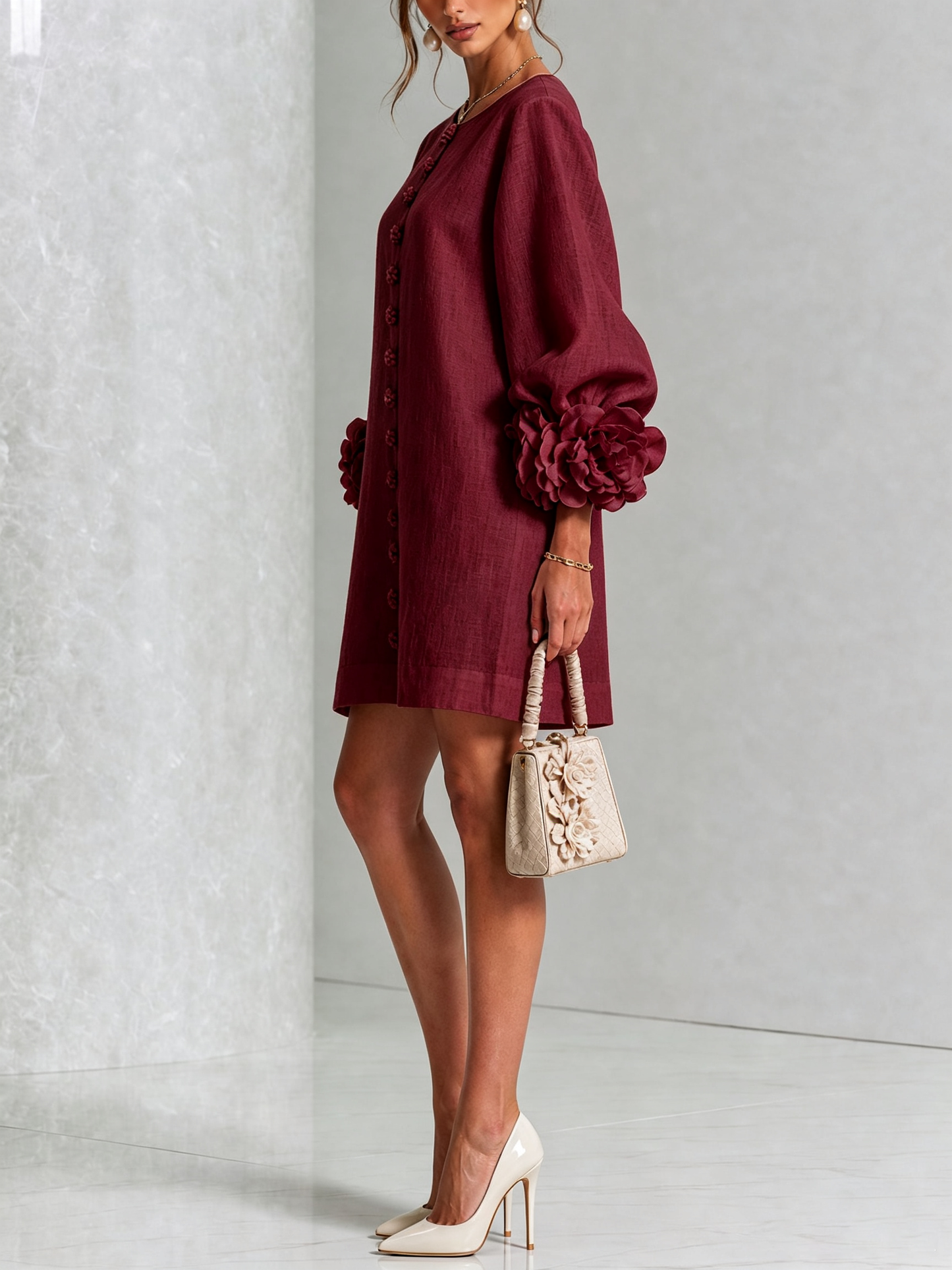 Round Neck Long Sleeve Button-Down Mini Shift Dress