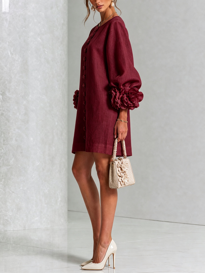 Round Neck Long Sleeve Button-Down Mini Shift Dress