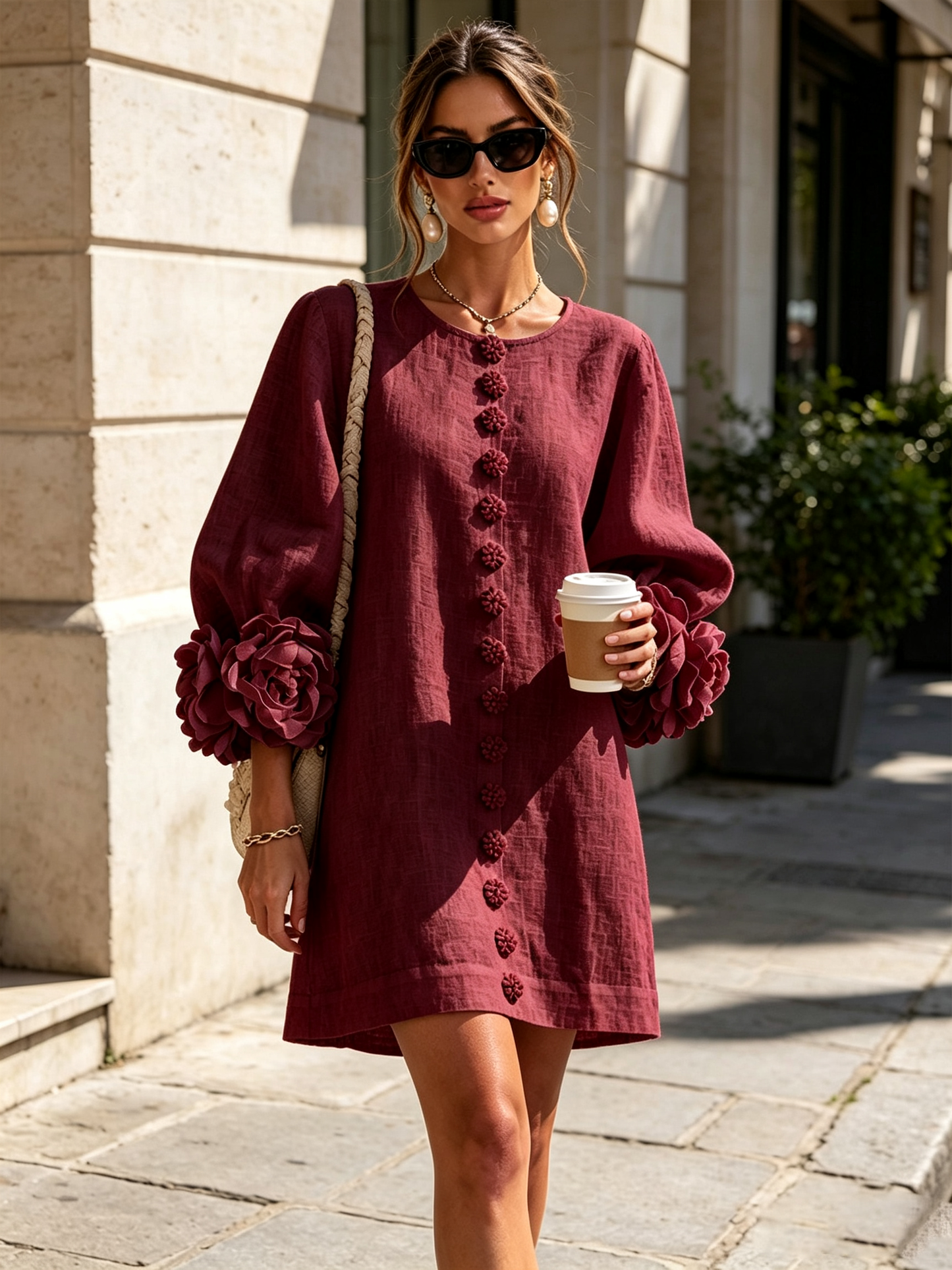 Round Neck Long Sleeve Button-Down Mini Shift Dress