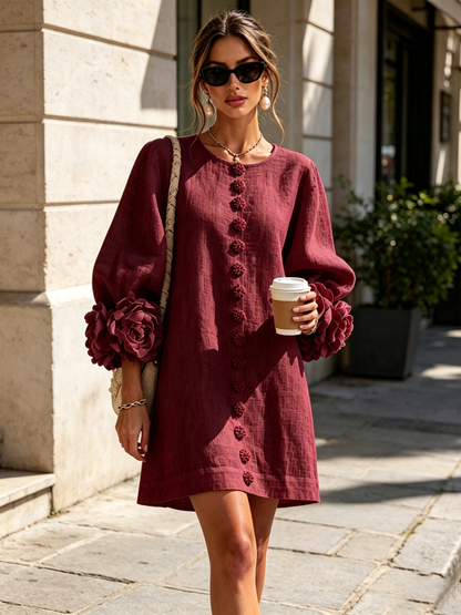 Round Neck Long Sleeve Button-Down Mini Shift Dress