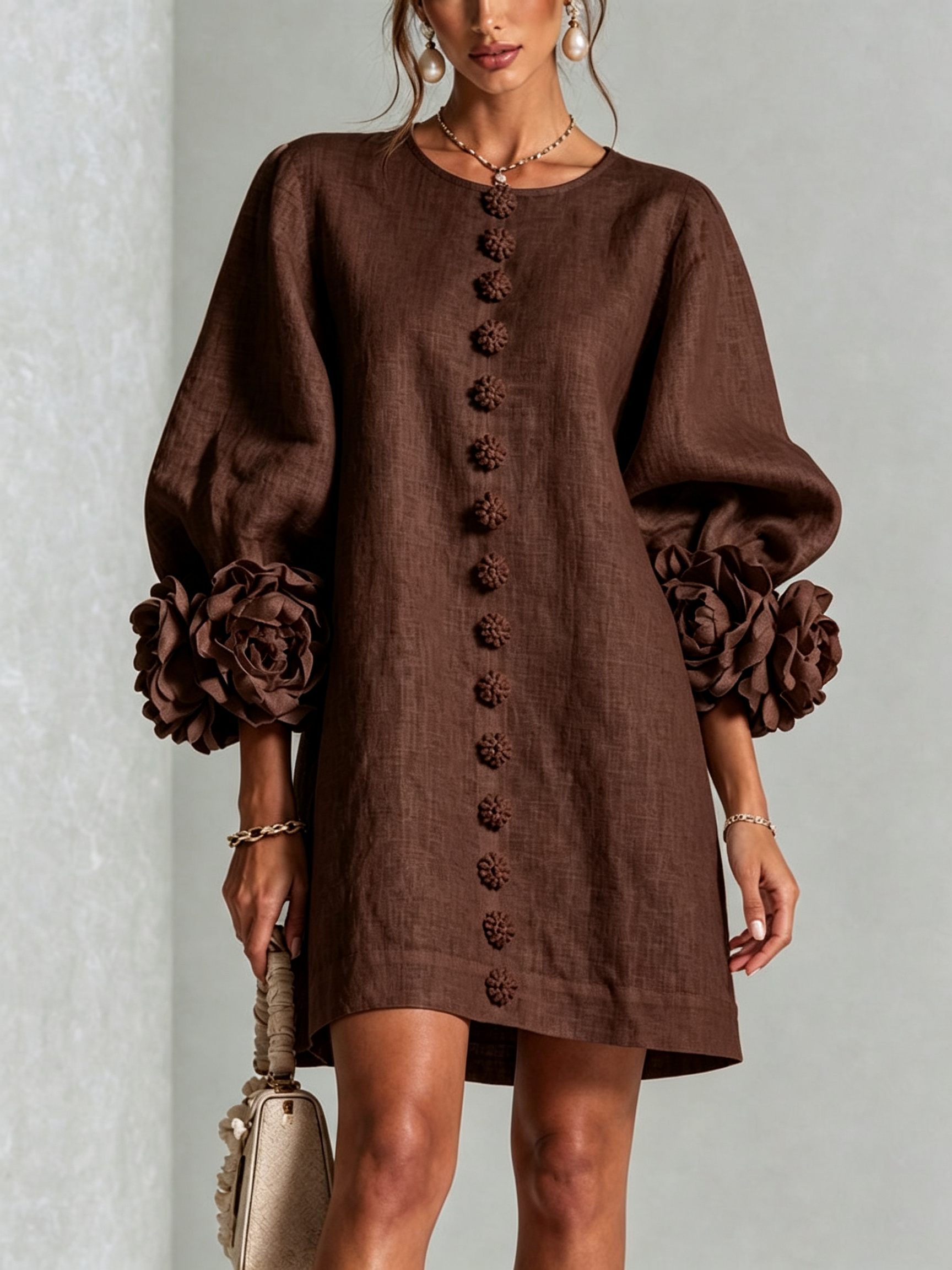 Round Neck Long Sleeve Button-Down Mini Shift Dress