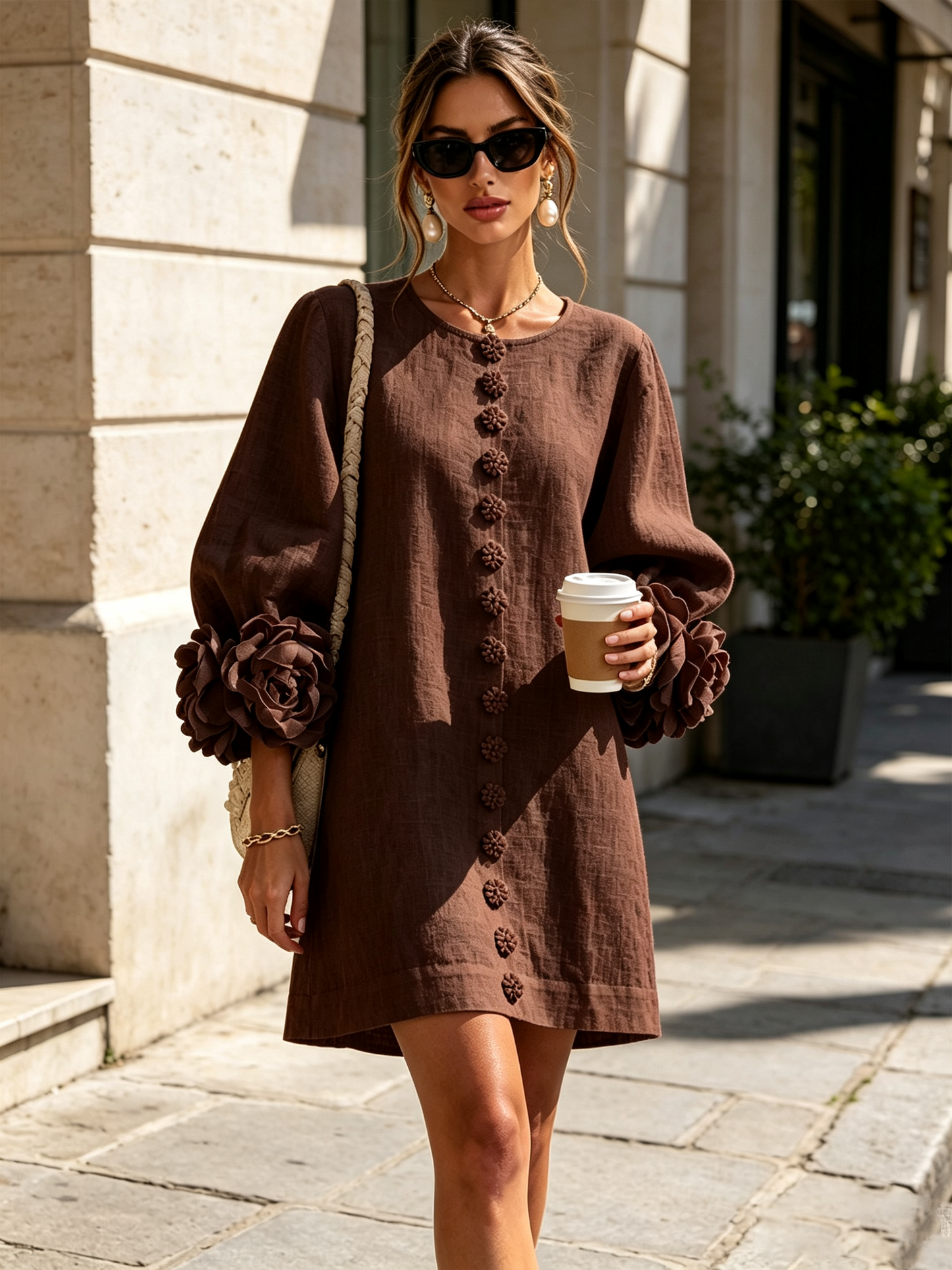 Round Neck Long Sleeve Button-Down Mini Shift Dress
