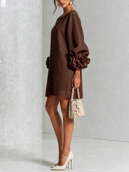 Round Neck Long Sleeve Button-Down Mini Shift Dress