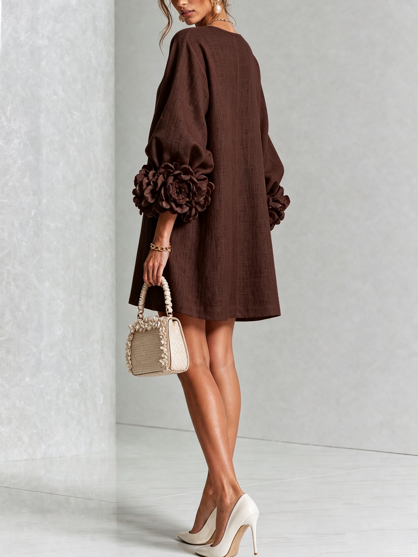 Round Neck Long Sleeve Button-Down Mini Shift Dress