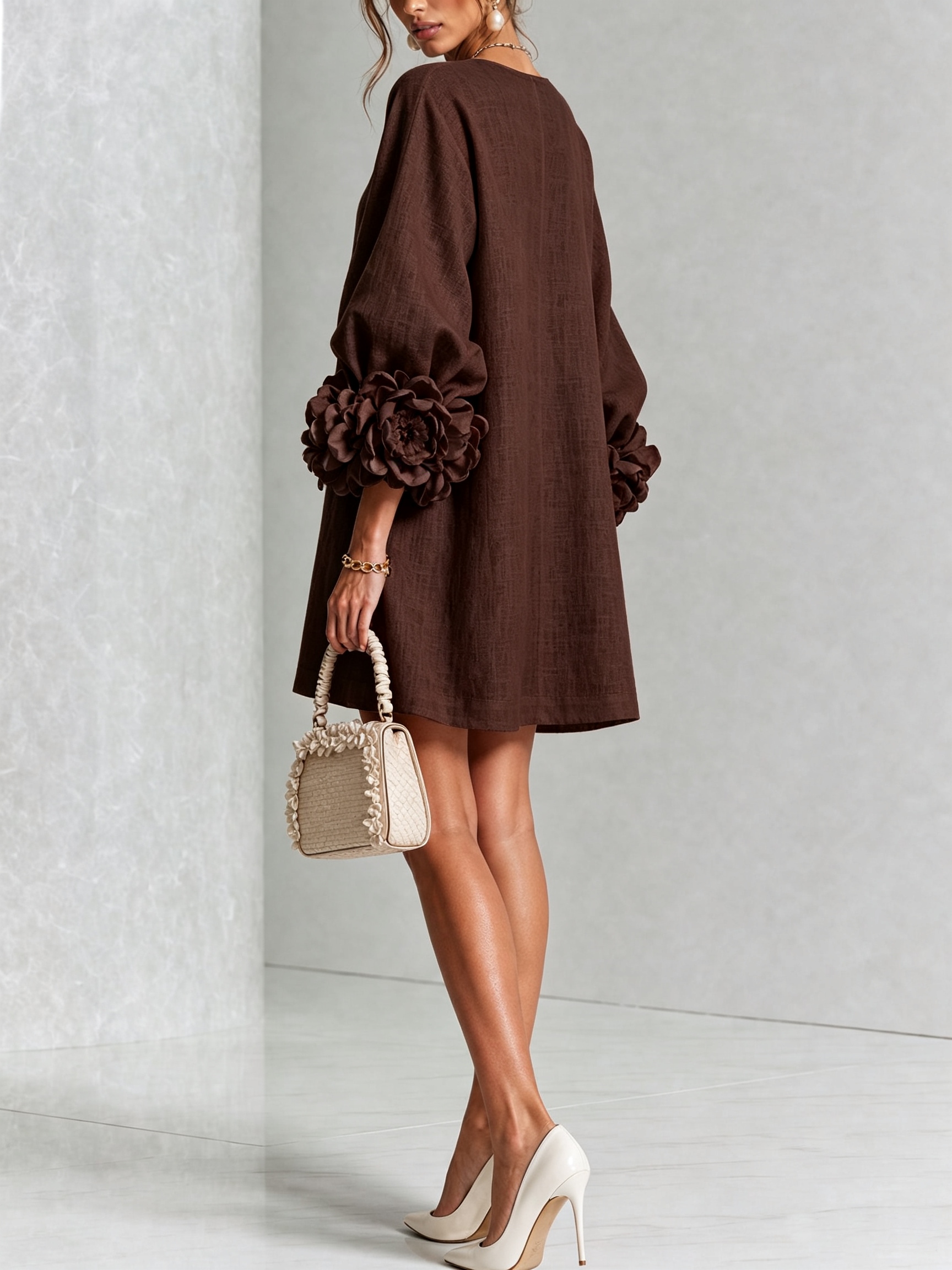 Round Neck Long Sleeve Button-Down Mini Shift Dress