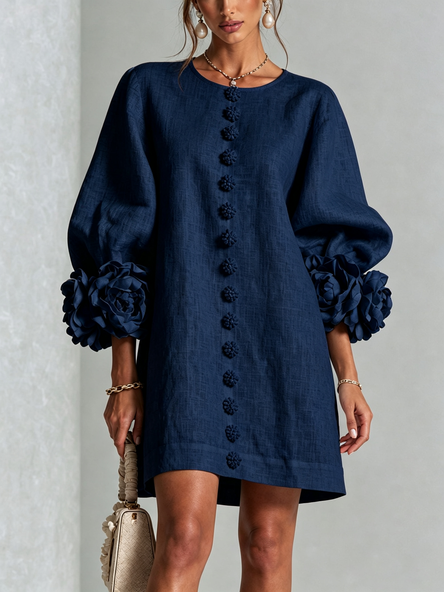 Round Neck Long Sleeve Button-Down Mini Shift Dress