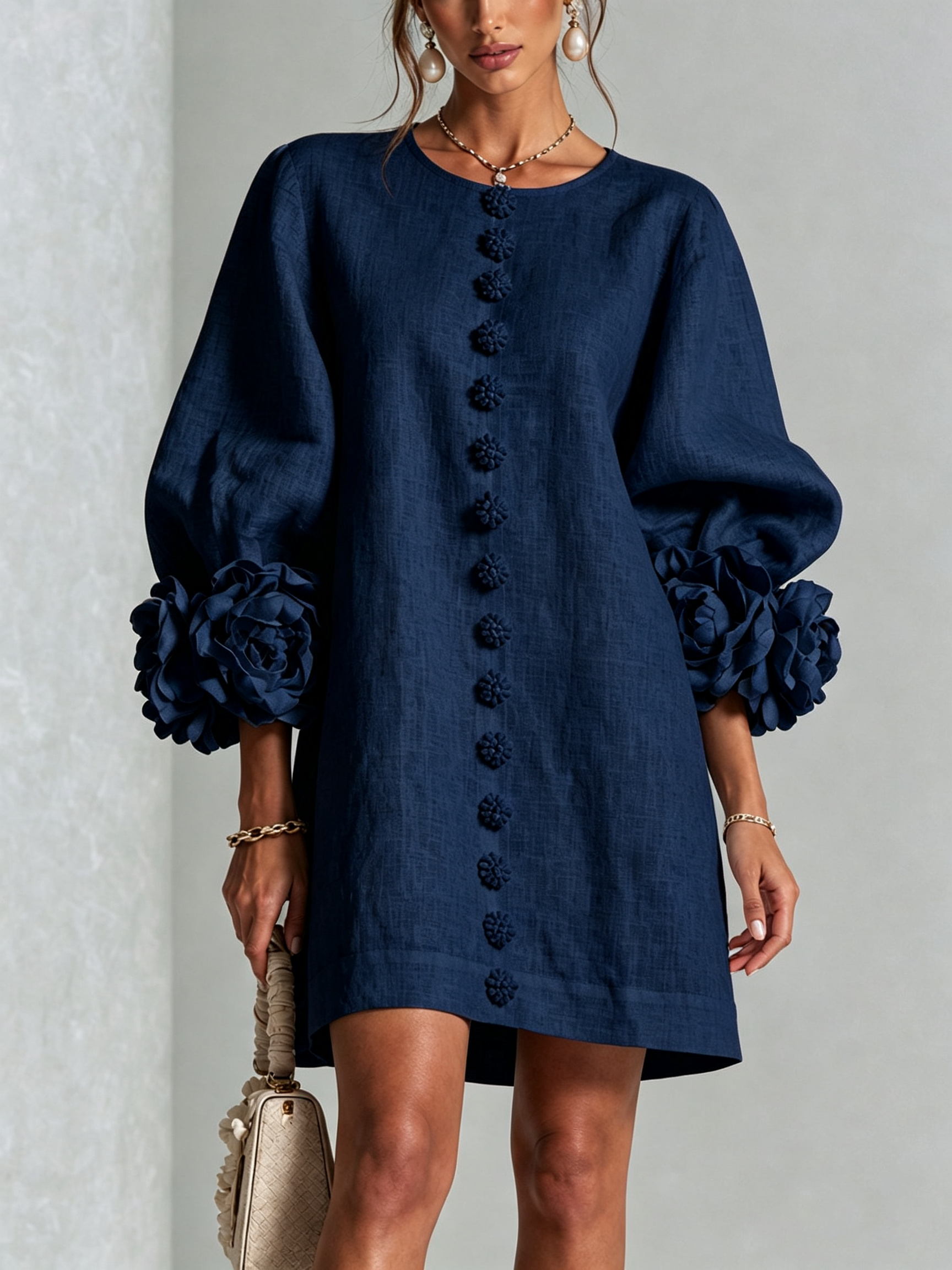 Round Neck Long Sleeve Button-Down Mini Shift Dress
