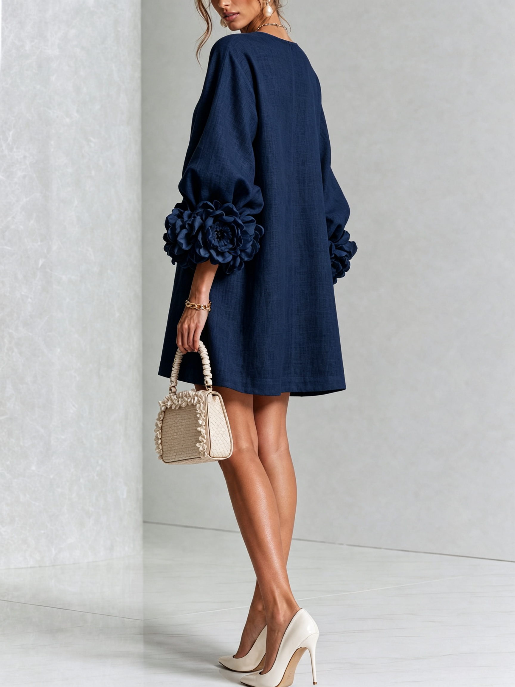 Round Neck Long Sleeve Button-Down Mini Shift Dress