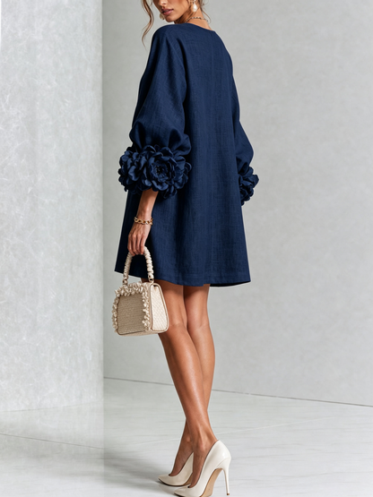 Round Neck Long Sleeve Button-Down Mini Shift Dress