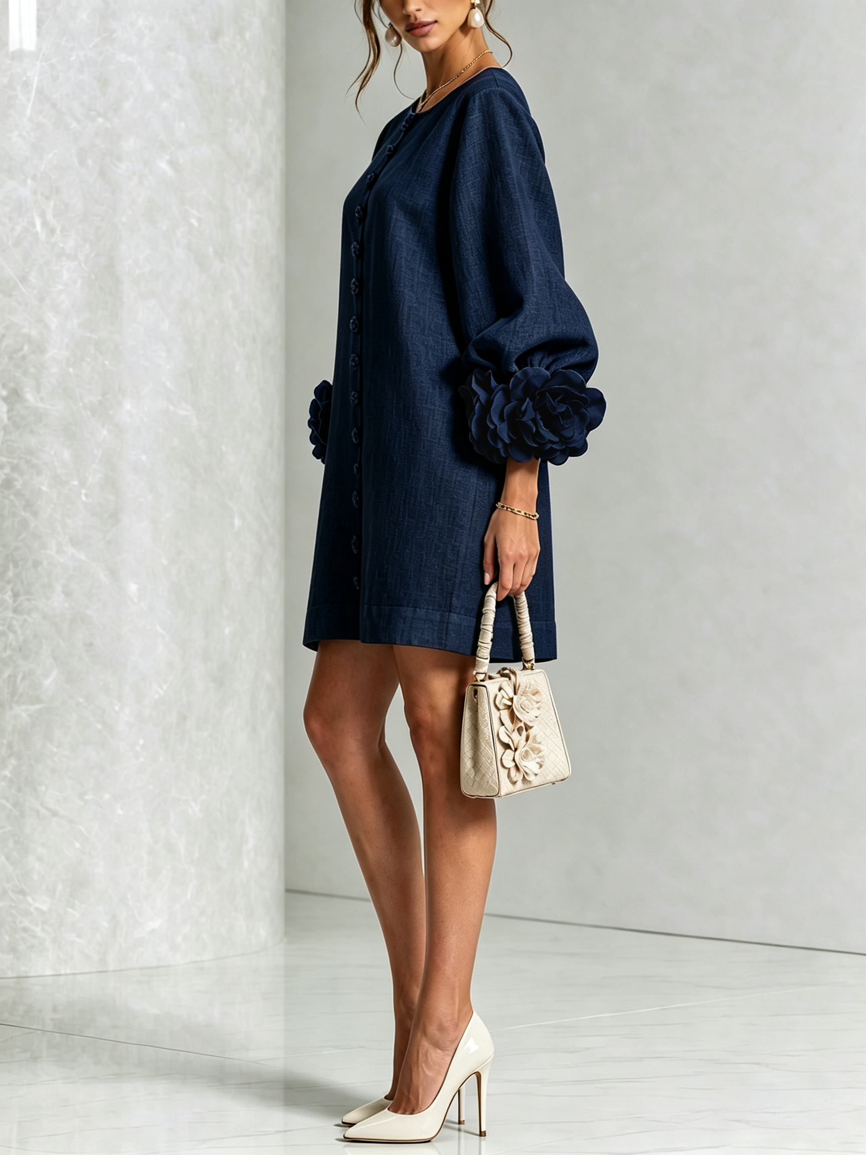 Round Neck Long Sleeve Button-Down Mini Shift Dress