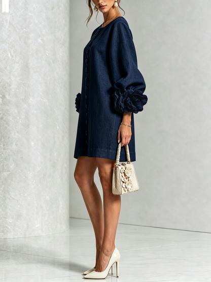 Round Neck Long Sleeve Button-Down Mini Shift Dress