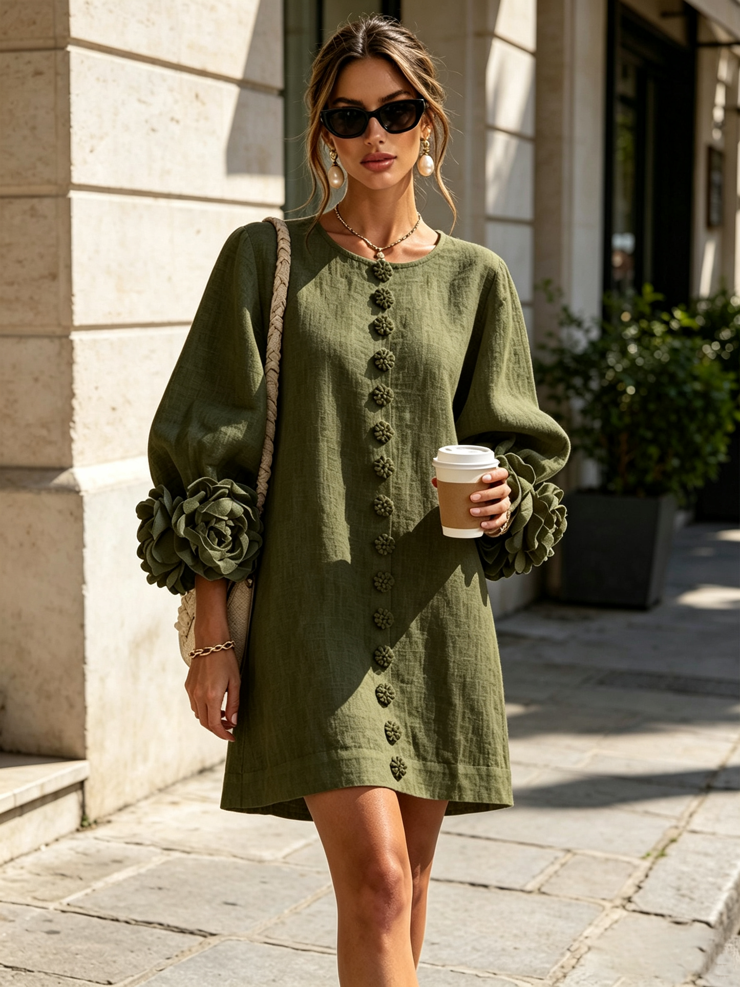 Round Neck Long Sleeve Button-Down Mini Shift Dress