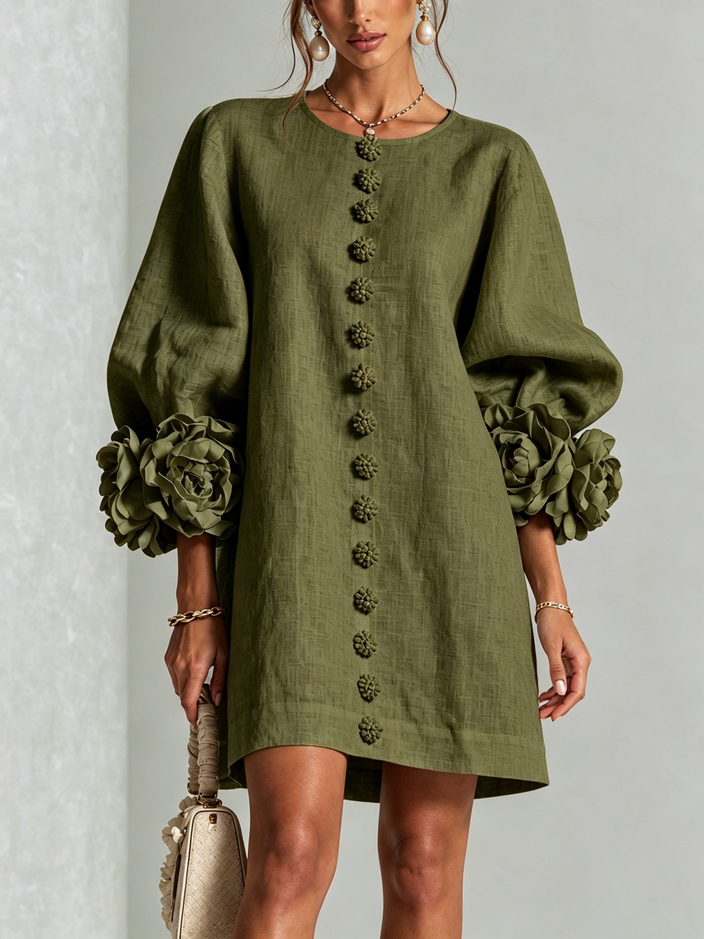 Round Neck Long Sleeve Button-Down Mini Shift Dress