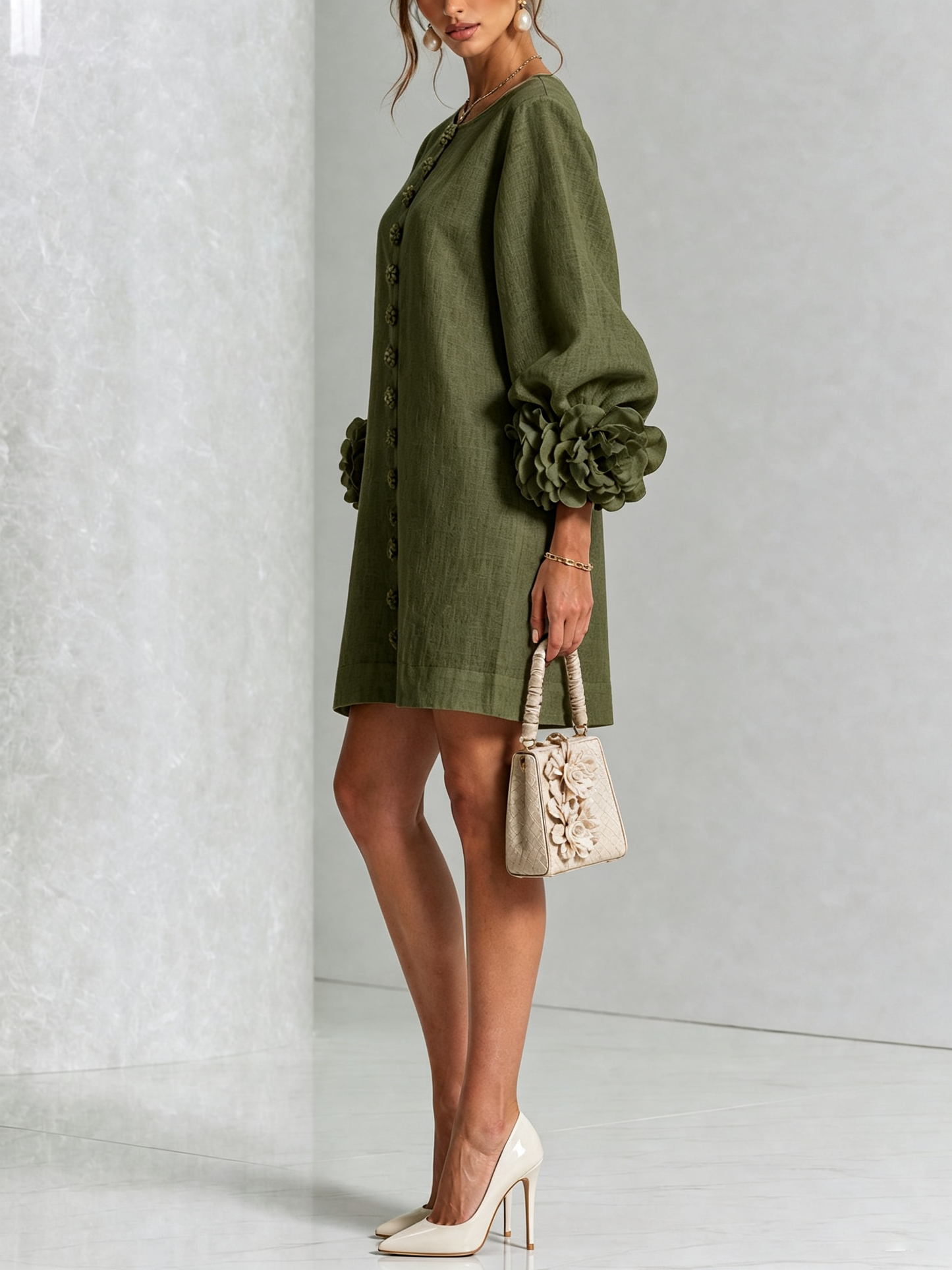 Round Neck Long Sleeve Button-Down Mini Shift Dress