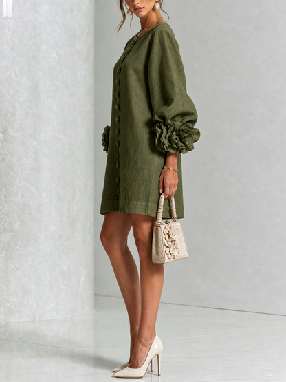 Round Neck Long Sleeve Button-Down Mini Shift Dress