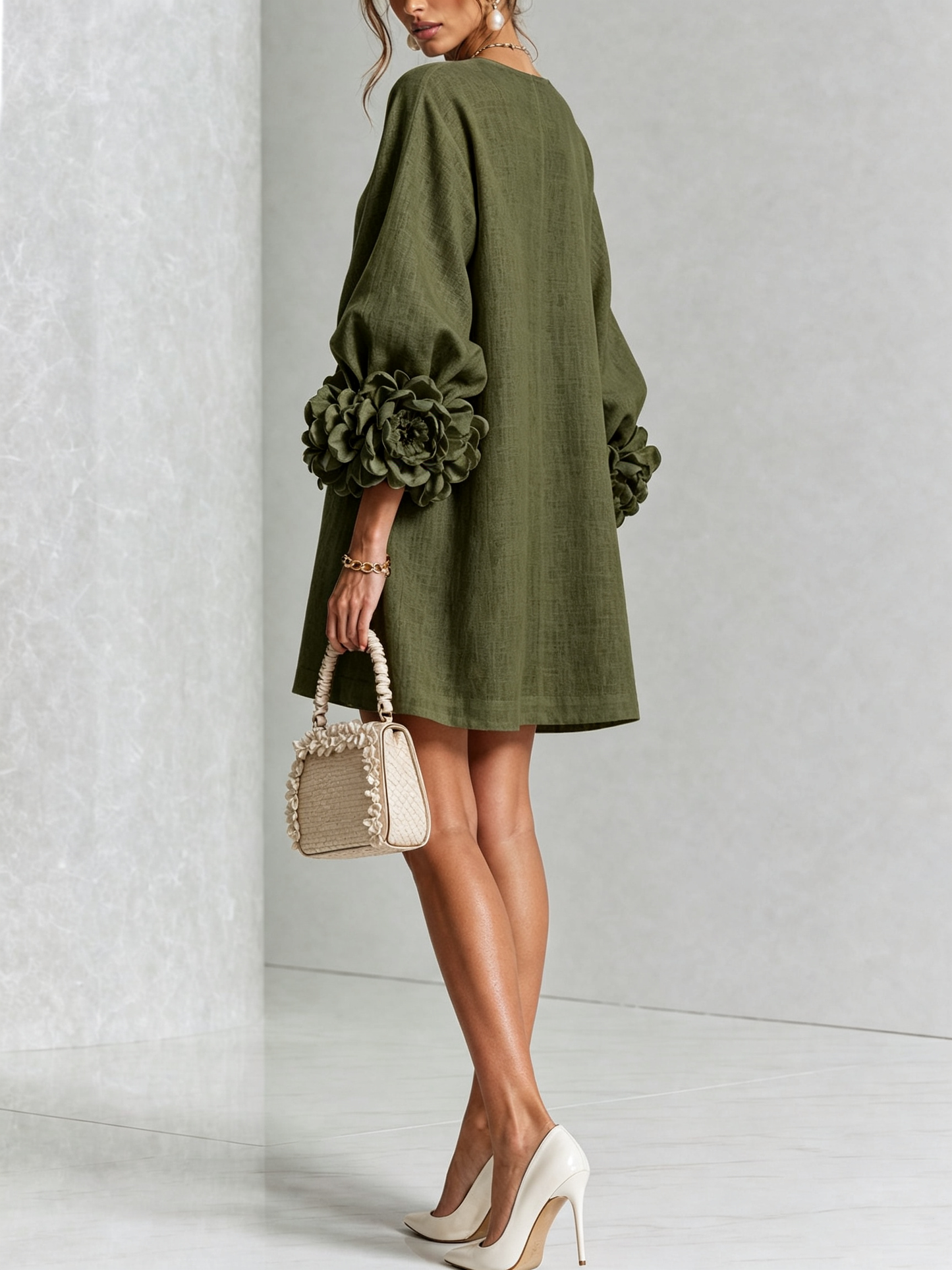Round Neck Long Sleeve Button-Down Mini Shift Dress