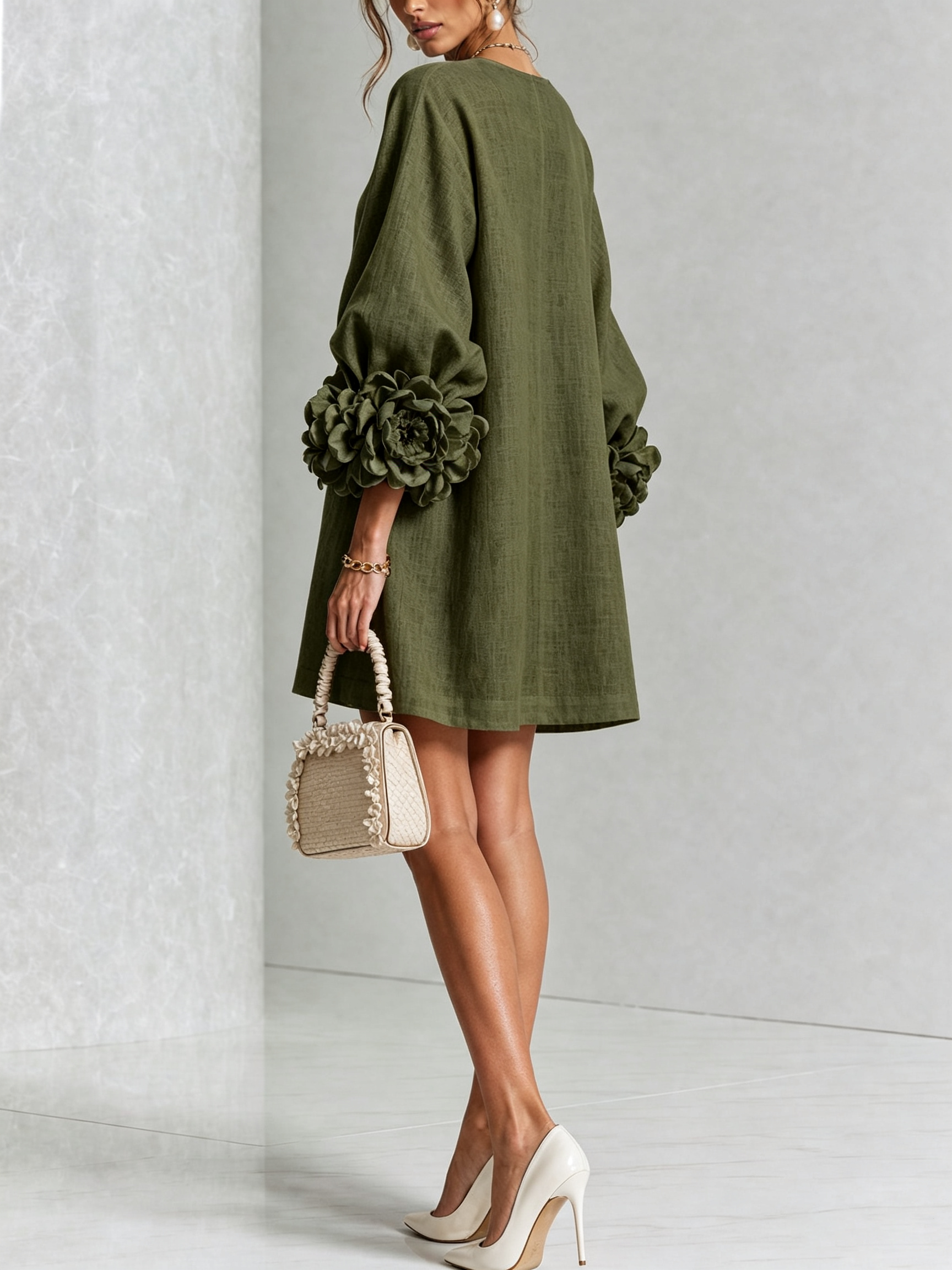 Round Neck Long Sleeve Button-Down Mini Shift Dress