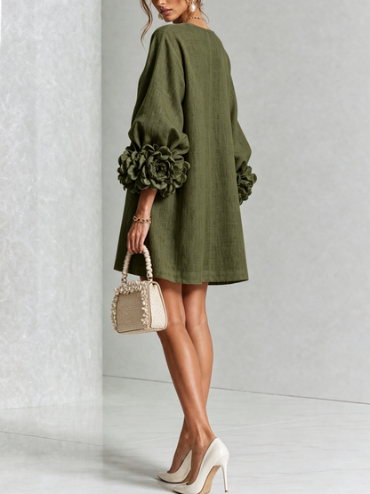 Round Neck Long Sleeve Button-Down Mini Shift Dress