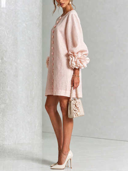 Round Neck Long Sleeve Button-Down Mini Shift Dress