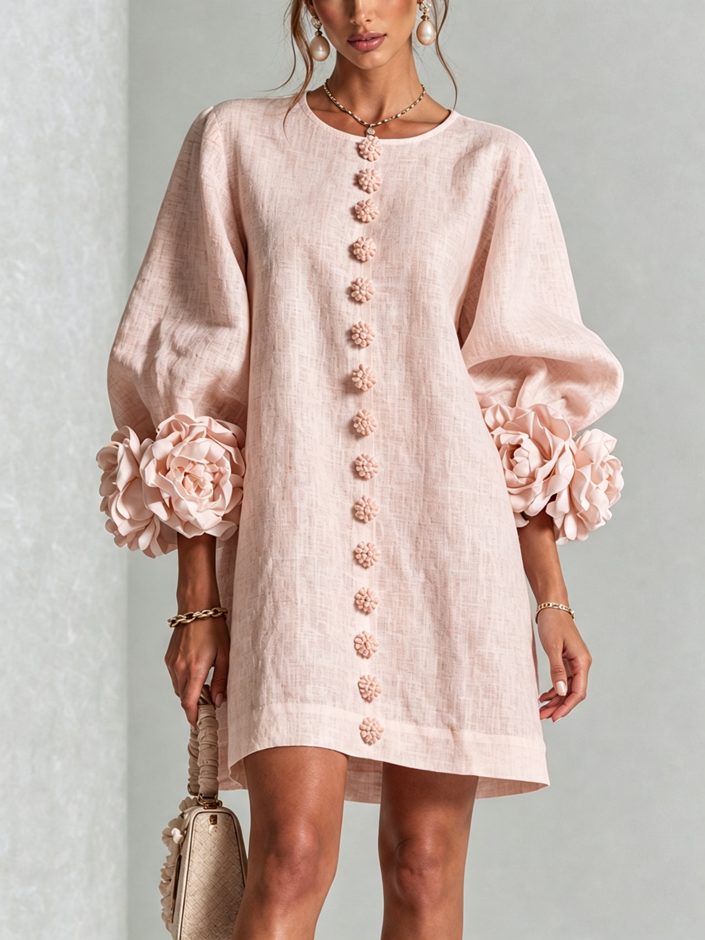 Round Neck Long Sleeve Button-Down Mini Shift Dress
