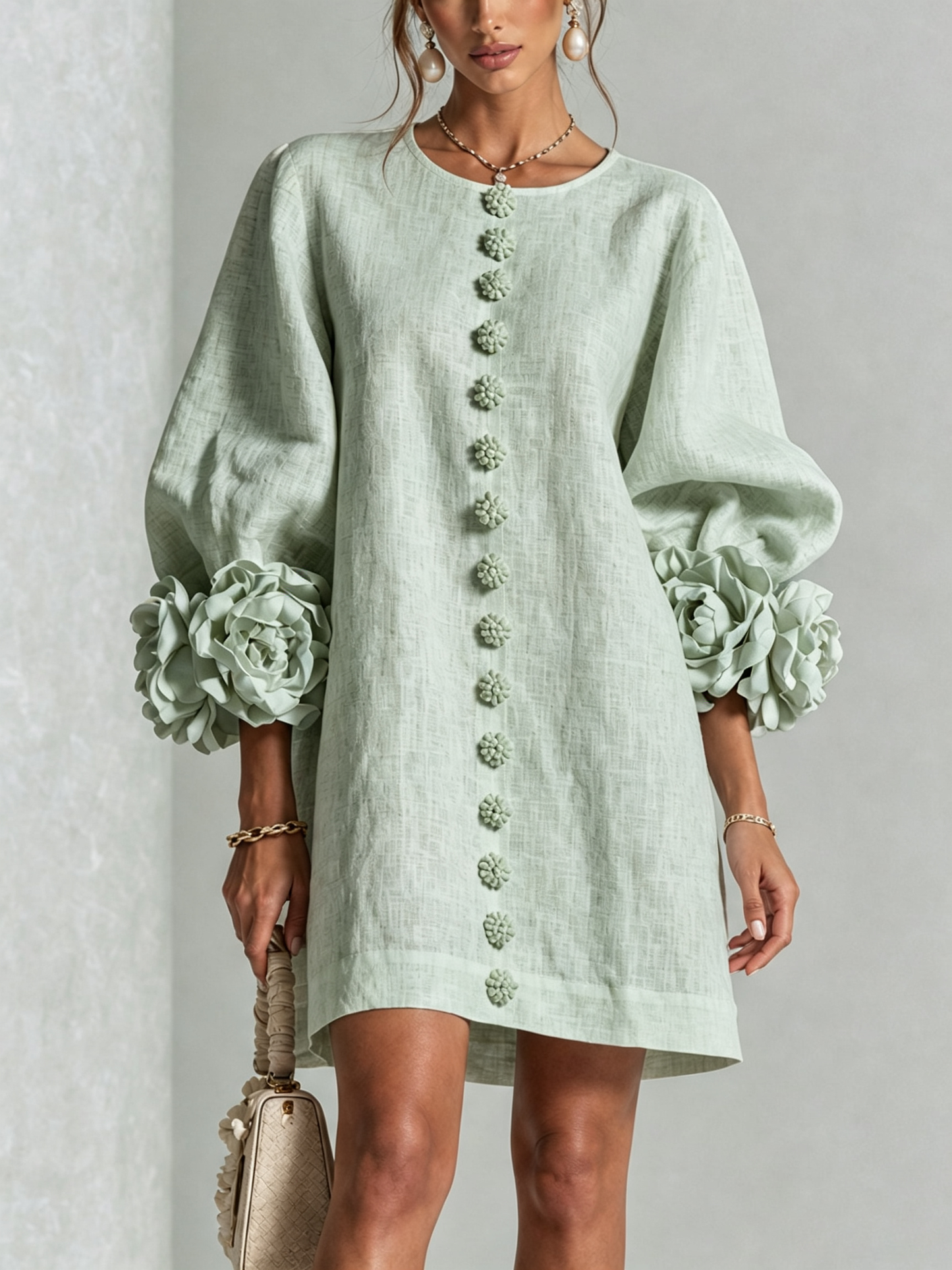 Round Neck Long Sleeve Button-Down Mini Shift Dress