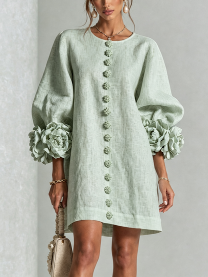Round Neck Long Sleeve Button-Down Mini Shift Dress