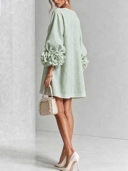 Round Neck Long Sleeve Button-Down Mini Shift Dress