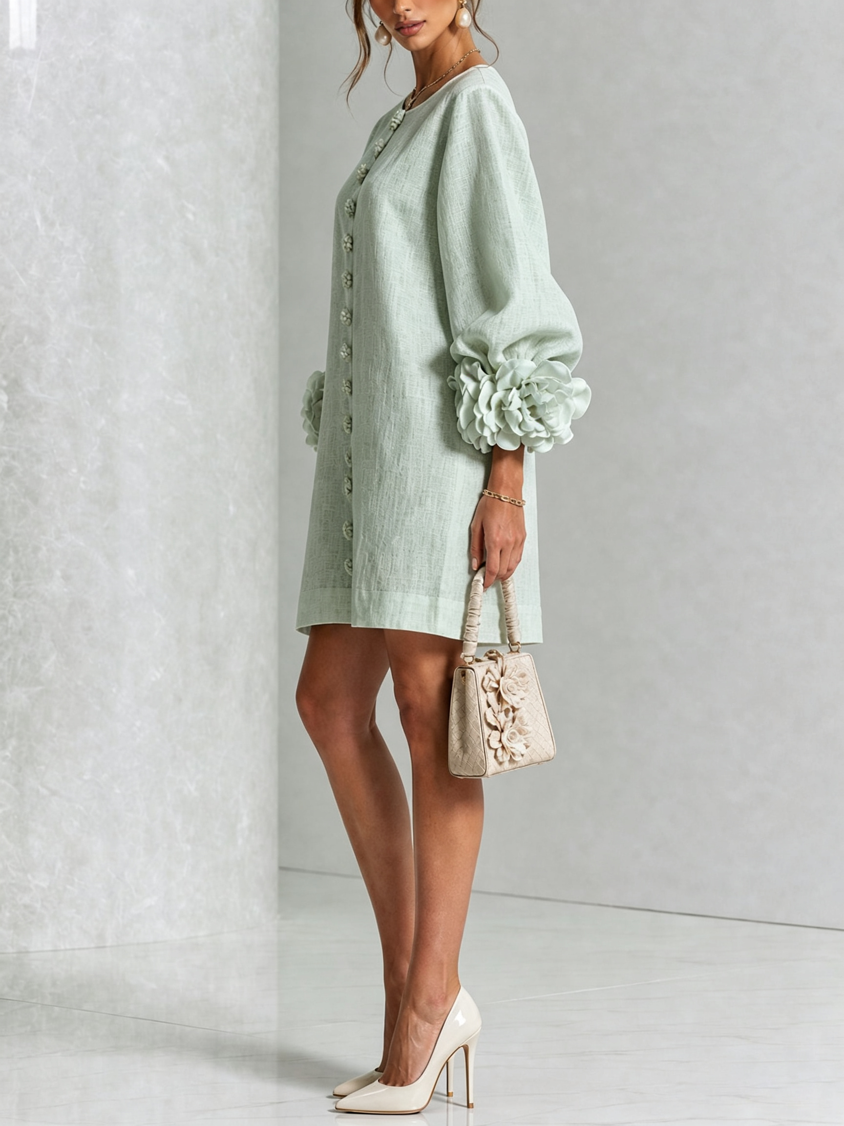 Round Neck Long Sleeve Button-Down Mini Shift Dress