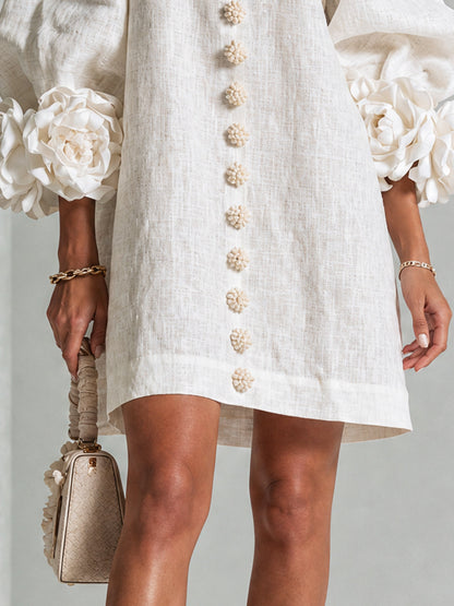 Round Neck Long Sleeve Button-Down Mini Shift Dress