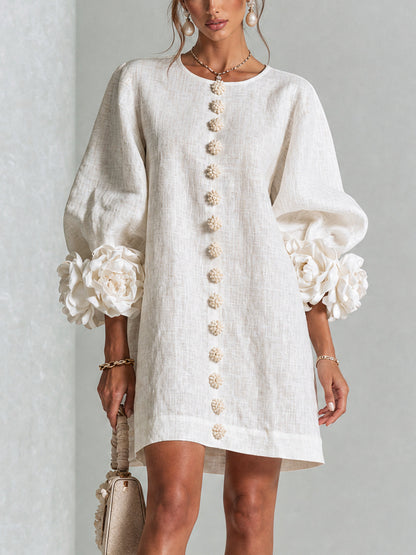 Round Neck Long Sleeve Button-Down Mini Shift Dress