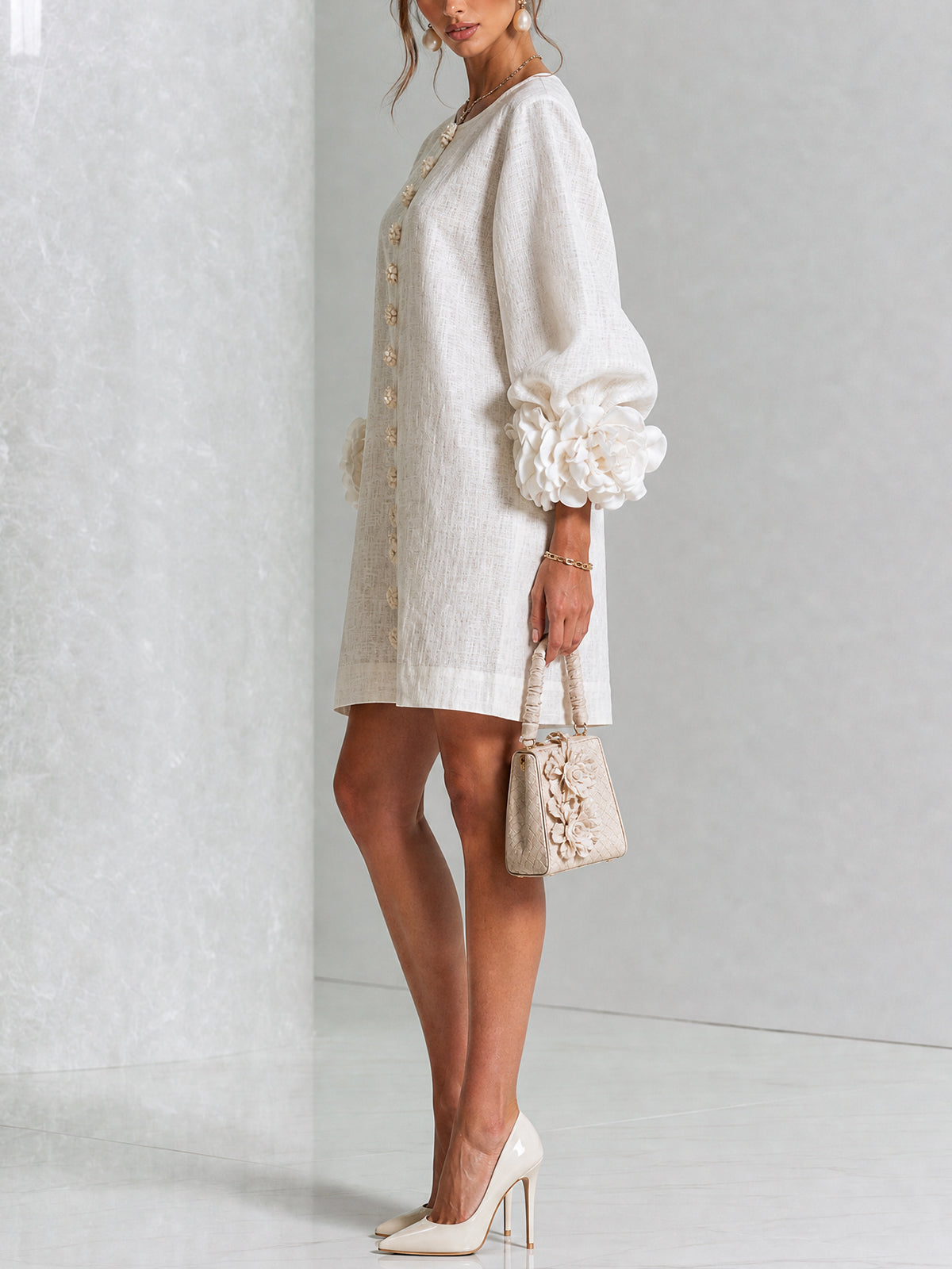 Round Neck Long Sleeve Button-Down Mini Shift Dress