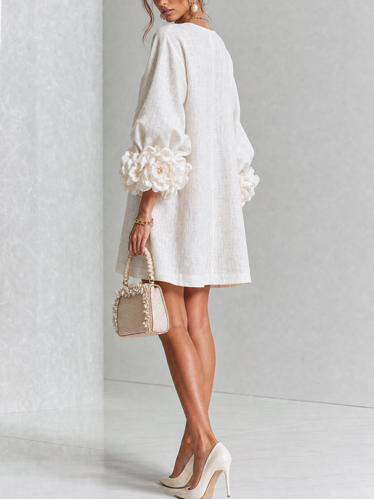 Round Neck Long Sleeve Button-Down Mini Shift Dress