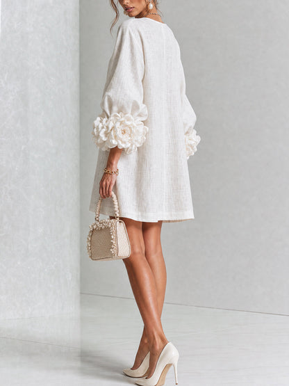 Round Neck Long Sleeve Button-Down Mini Shift Dress