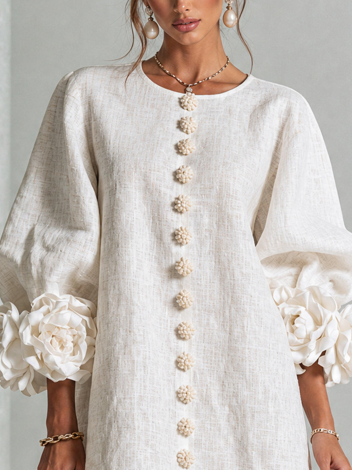 Round Neck Long Sleeve Button-Down Mini Shift Dress