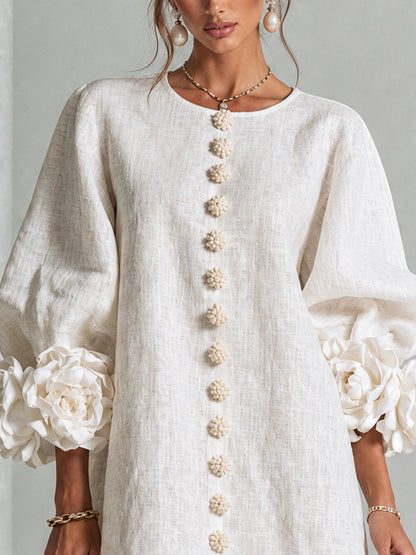 Round Neck Long Sleeve Button-Down Mini Shift Dress
