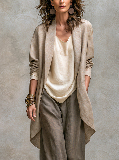 Women's Draped Open Front Duster Jacket, Cami Top & Wide Leg Pants Set